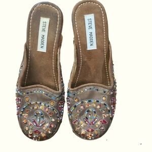Steve Madden Clogs. 6 1/2, brown satin, studded, beaded, boho, chic